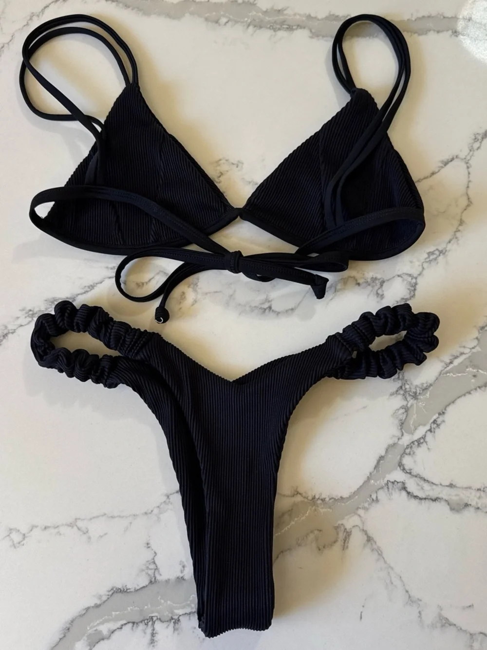 Kulani kinis Black bikini set with ribbed and scrunch detail cheeky thong S